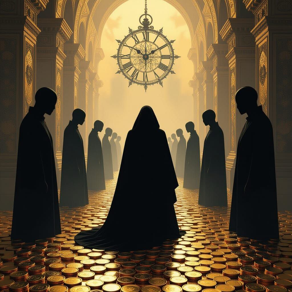 Person in Gold Maze: Dark Surreal Cyberpunk Art