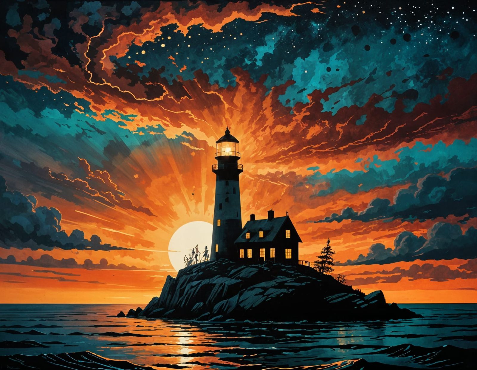 Lighthouse Silhouette in Vibrant Sunset Colors