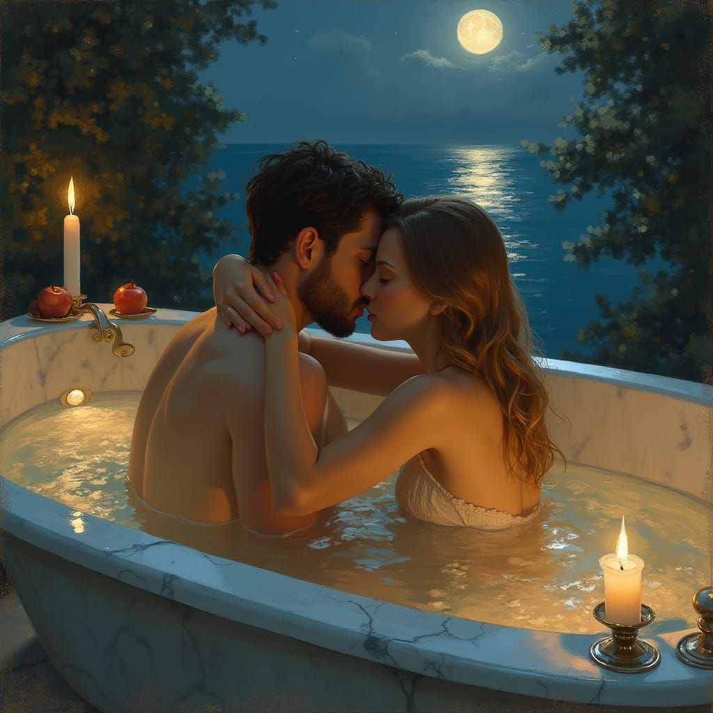 Couple Embracing in Marble Tub, Impressionist Style