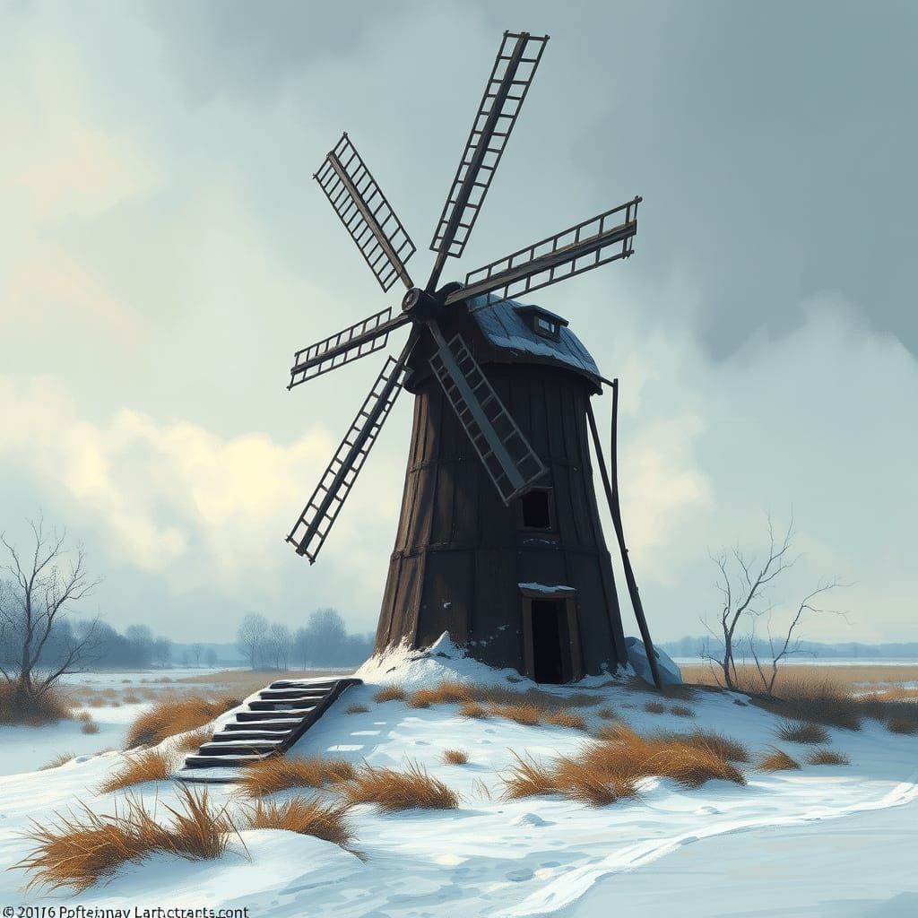 Dilapidated Windmill in Snowy Landscape, Painterly Digital A...