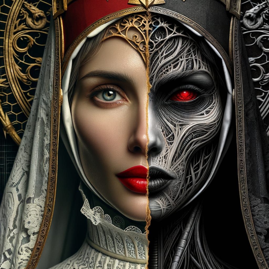 Contrasting Portrait: Good vs Evil in Filigree Detail