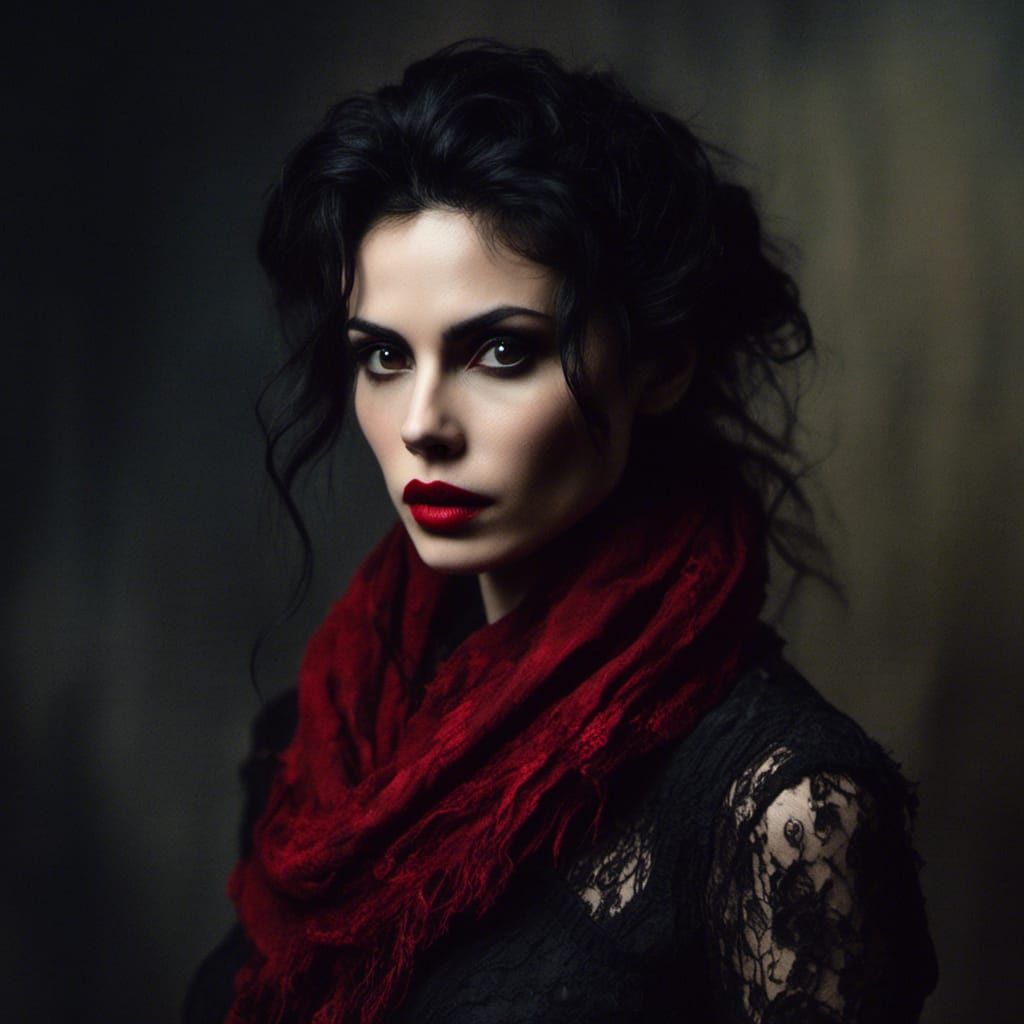 Stunning Woman in Dark Dress with Red Scarf