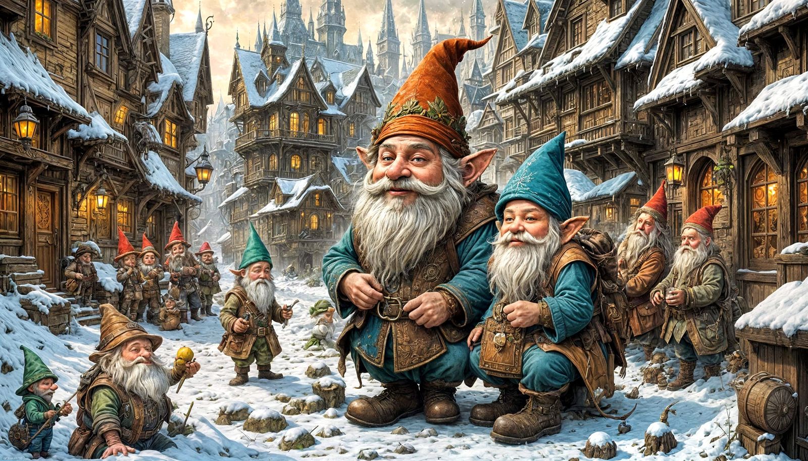 Gnome in Fairytale Town: Photorealistic Art Nouveau Illustra...
