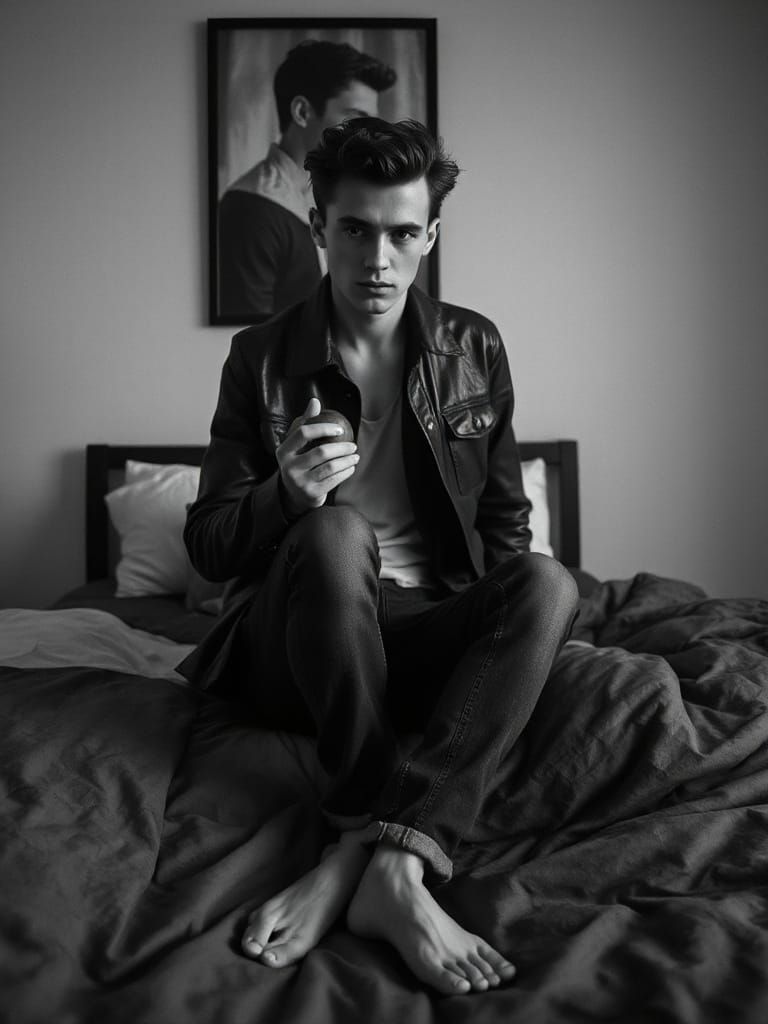 Monochrome James Dean in Leather Jacket and Denim Jeans