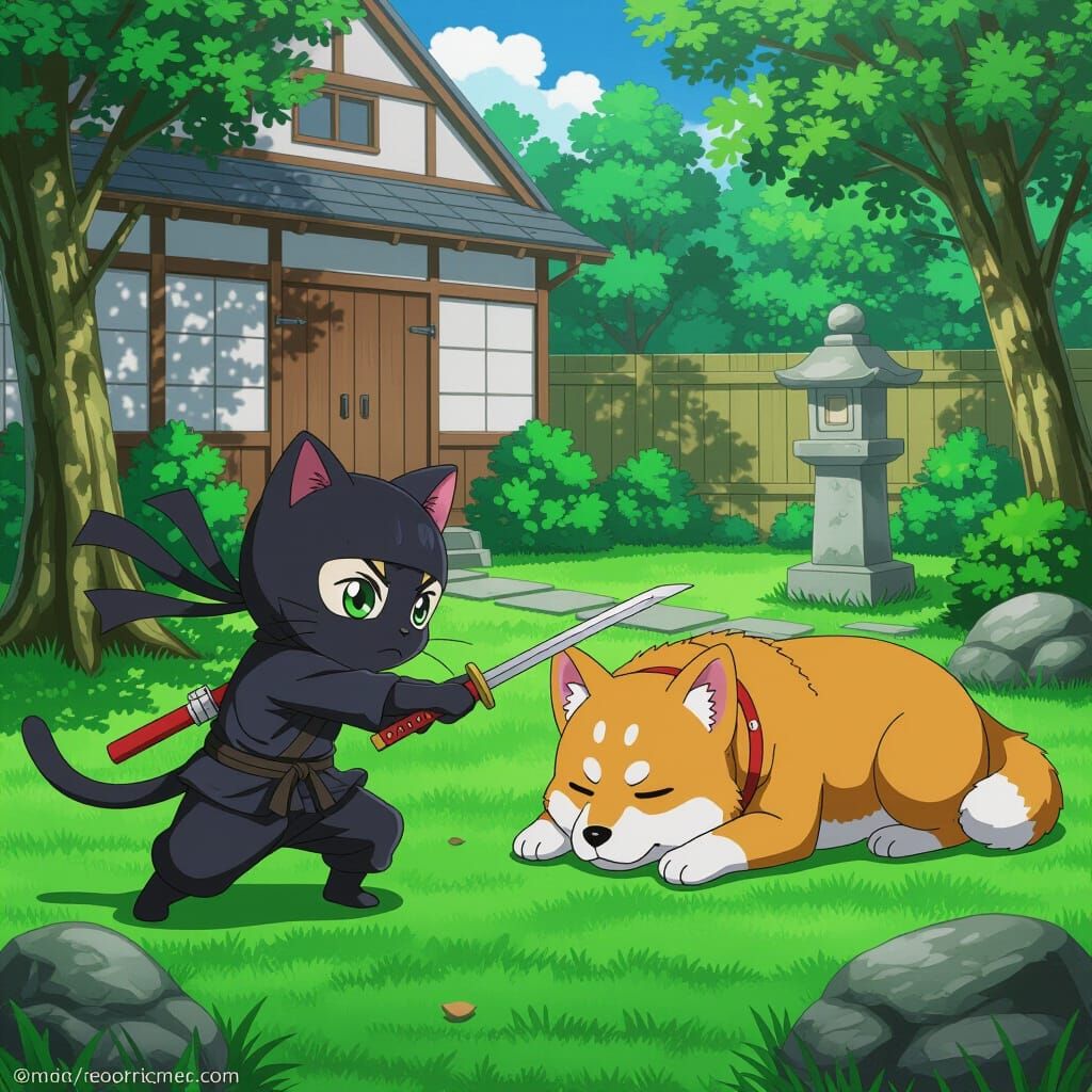 Cat Ninja Stealthily Passing Sleeping Dog in Anime Style