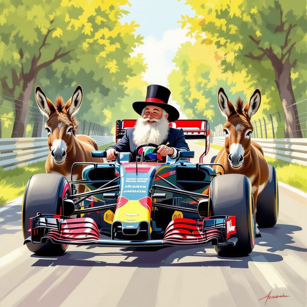 Formula 1 Car Towed by Donkeys in Whimsical Illustration Sty...