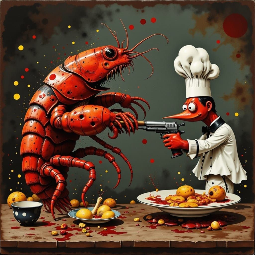 Lobster Shoots Chef: Humorous AI-Generated Art