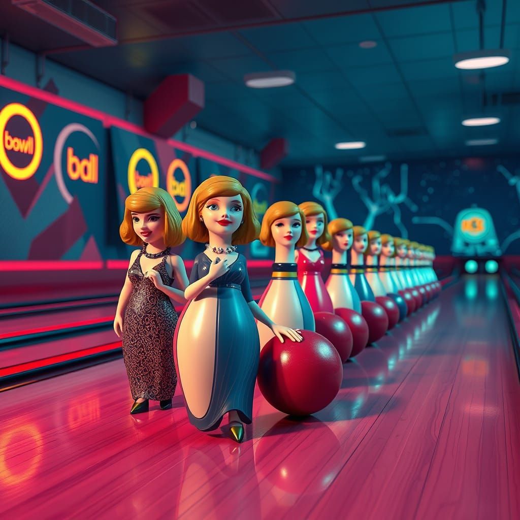 Glamorous Greta Garbo Bowling Pins in Retro-Futuristic Alley