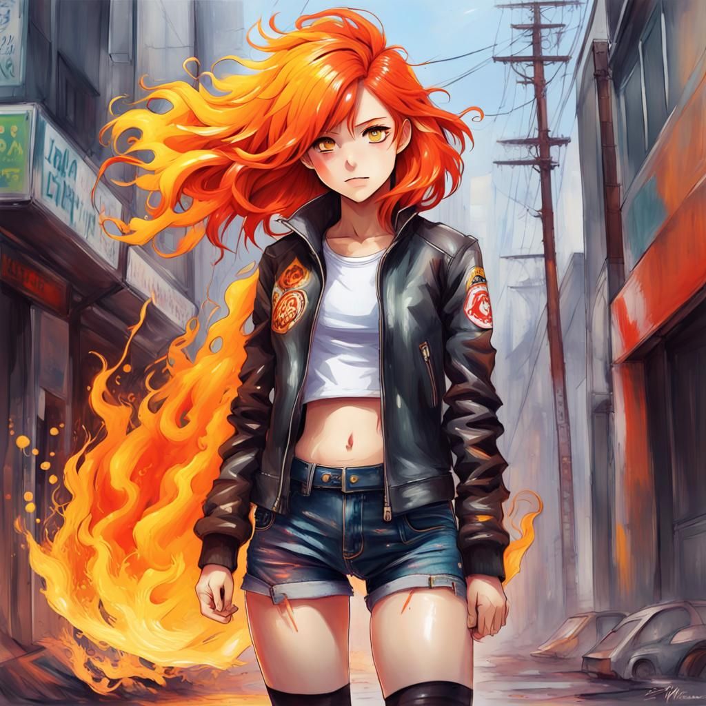 Anime Girl with Fire Hair in Cyberpunk Style