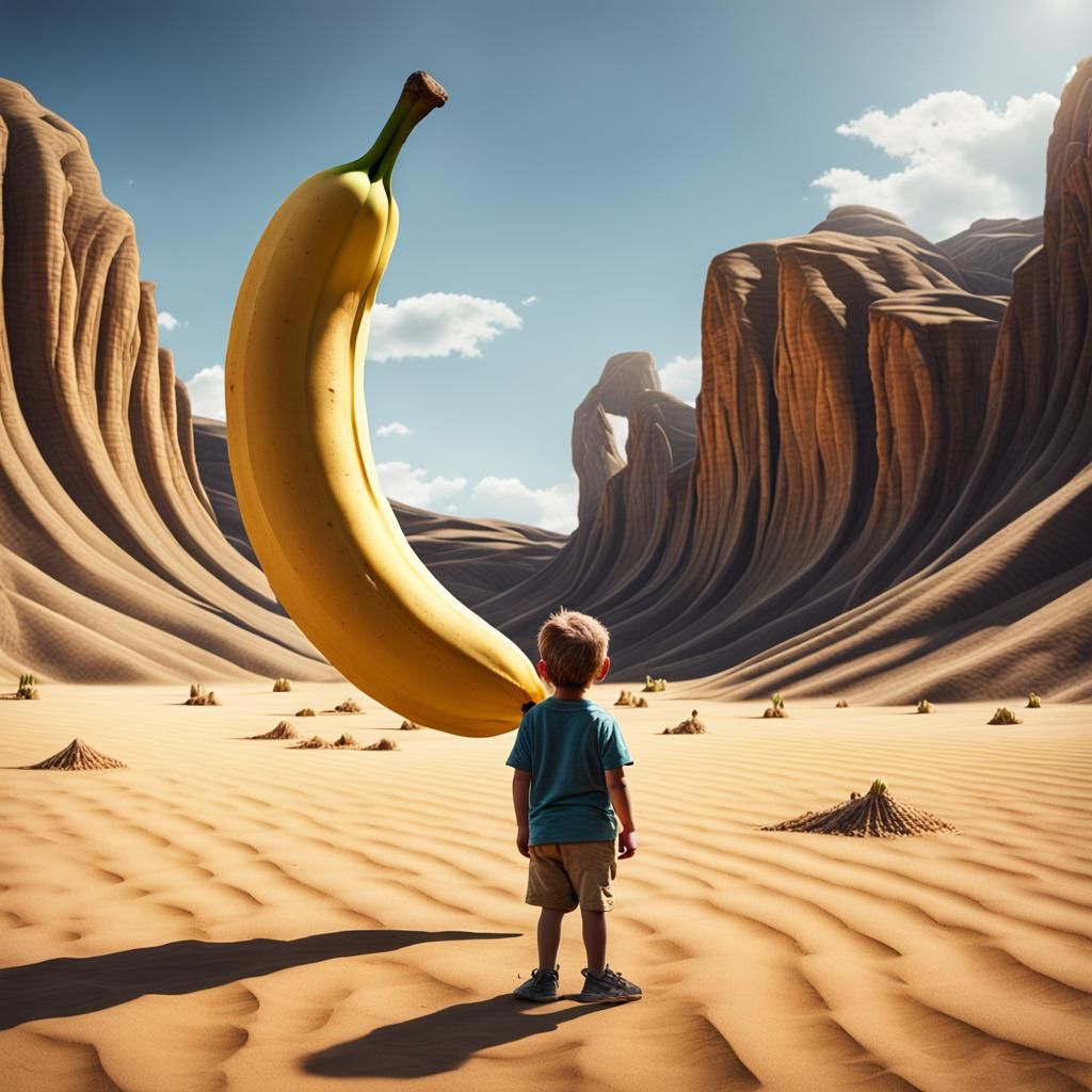 Child Stares at Giant Floating Banana in Desert