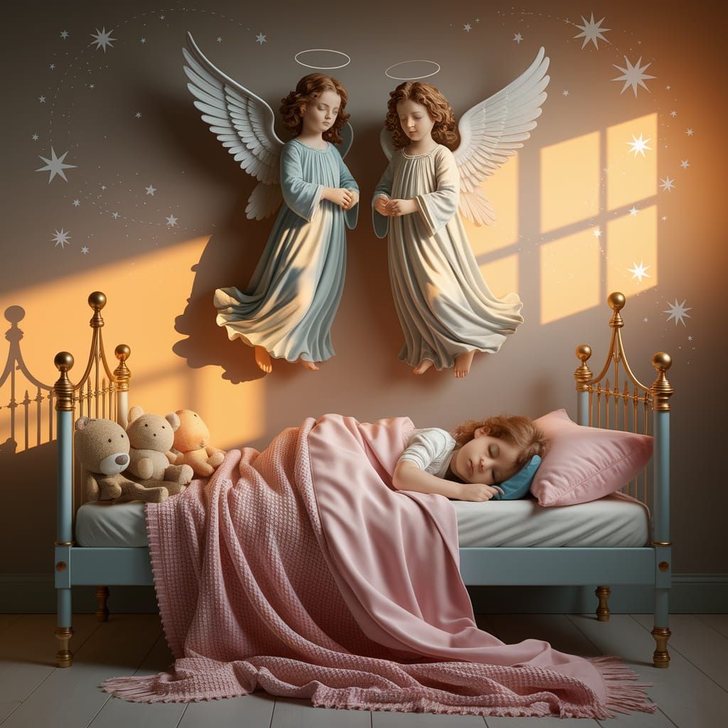 Tender Angels Watch Over Sleeping Child in Cozy Bedroom Scen...