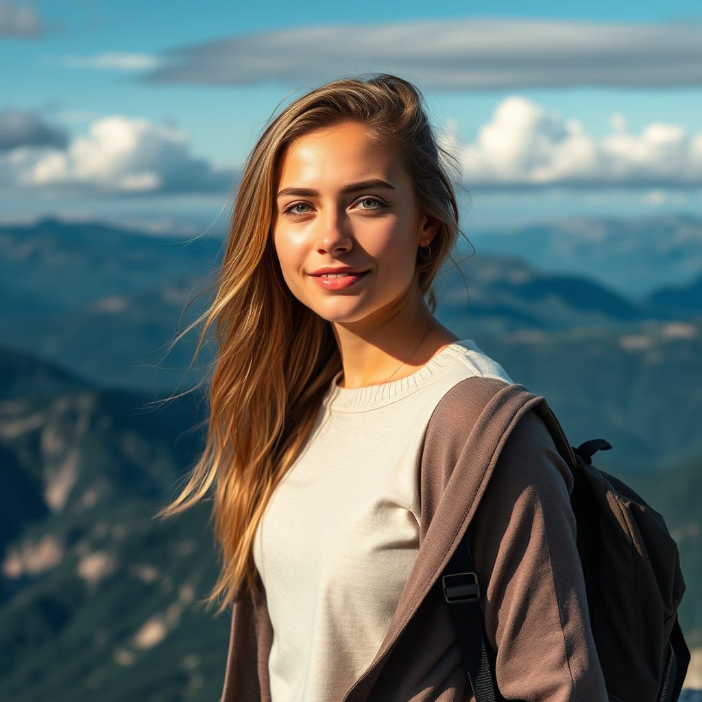 Stunning European Woman at Mountain Peak