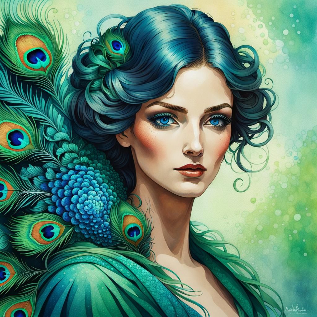 Pointillist Peacock Portrait in Alphonse Mucha Style