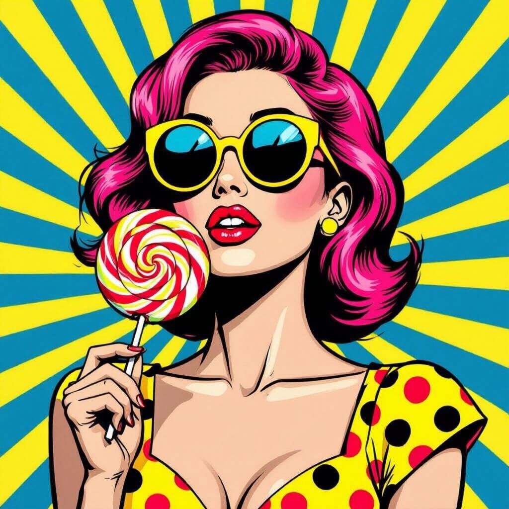 Vibrant Pop Art Woman with Pink Hair and Giant Lollipop