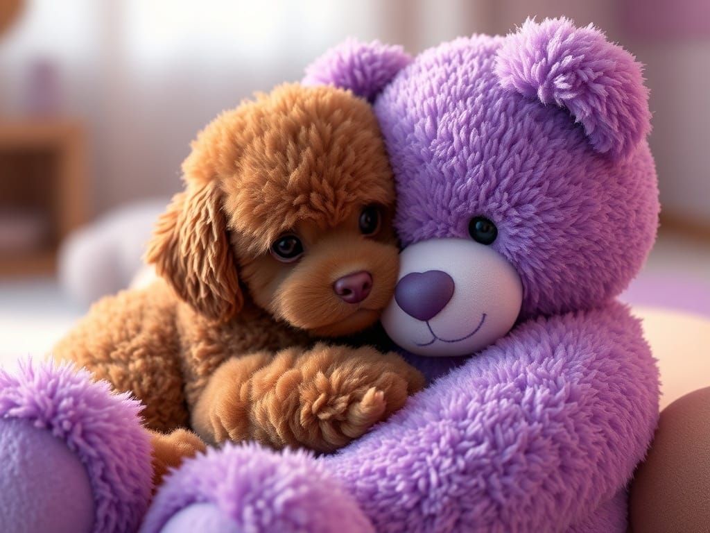 Cute Poodle Puppy With Giant Teddy Bear in 3D Anime Style