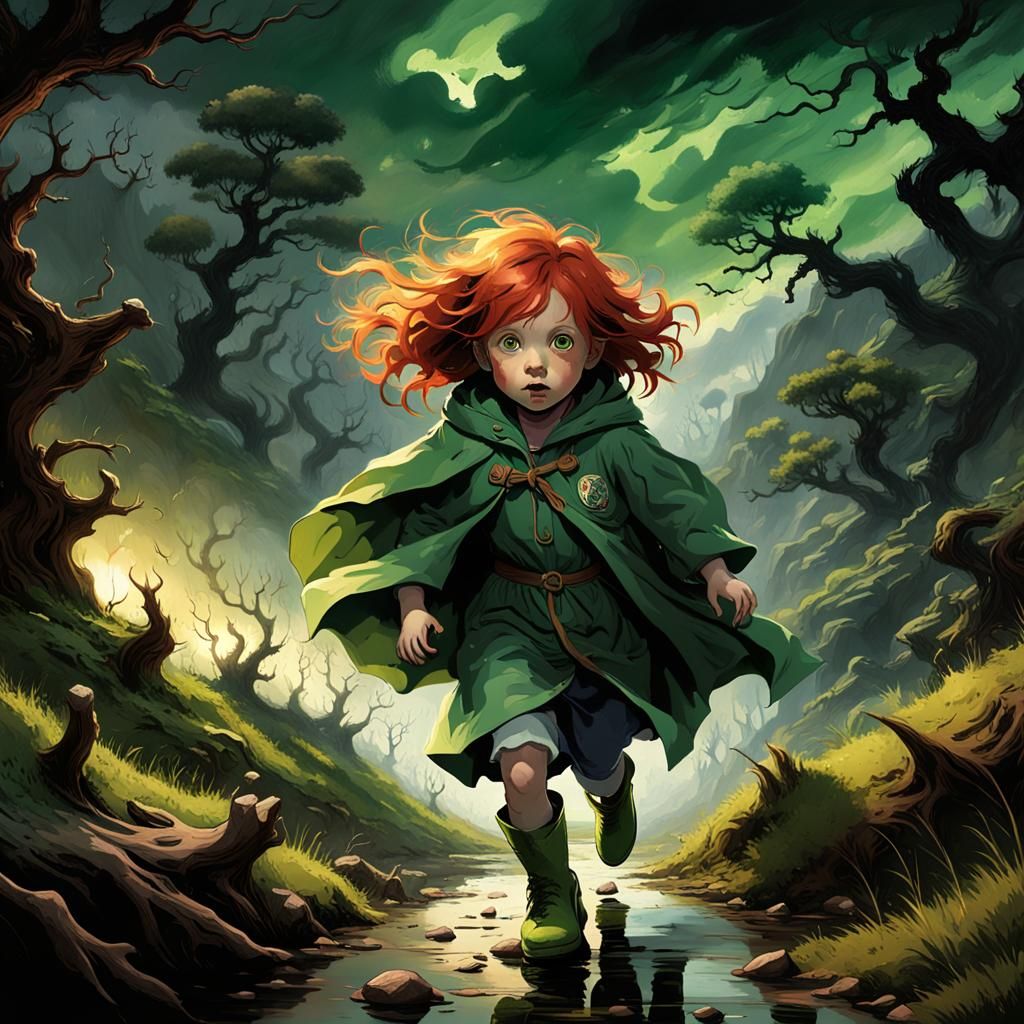 Red-Haired Girl in Dark Fantasy Valley