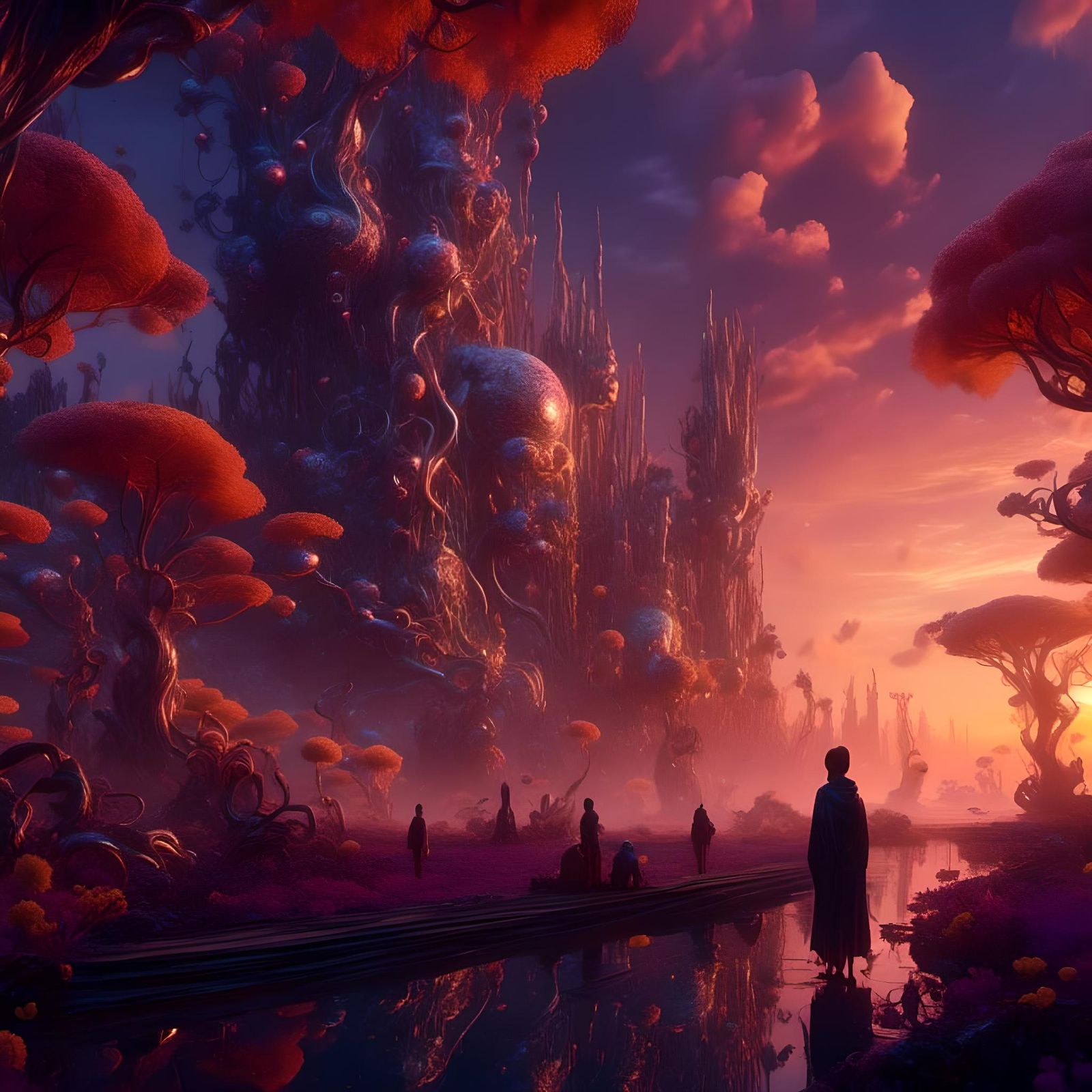 Embracing Wisdom: Japanese Sunset in Dark Fantasy Style