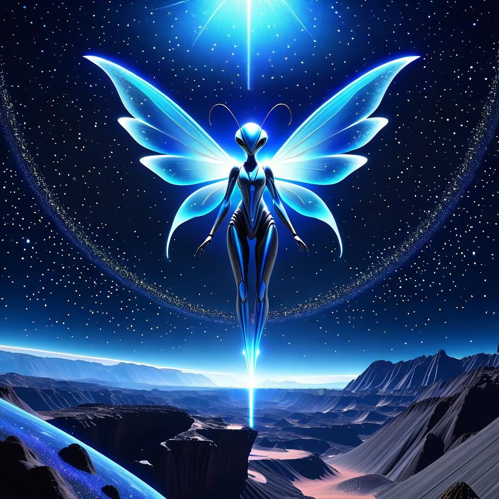 Winged Alien Insect in Sparkling Cosmic Landscape