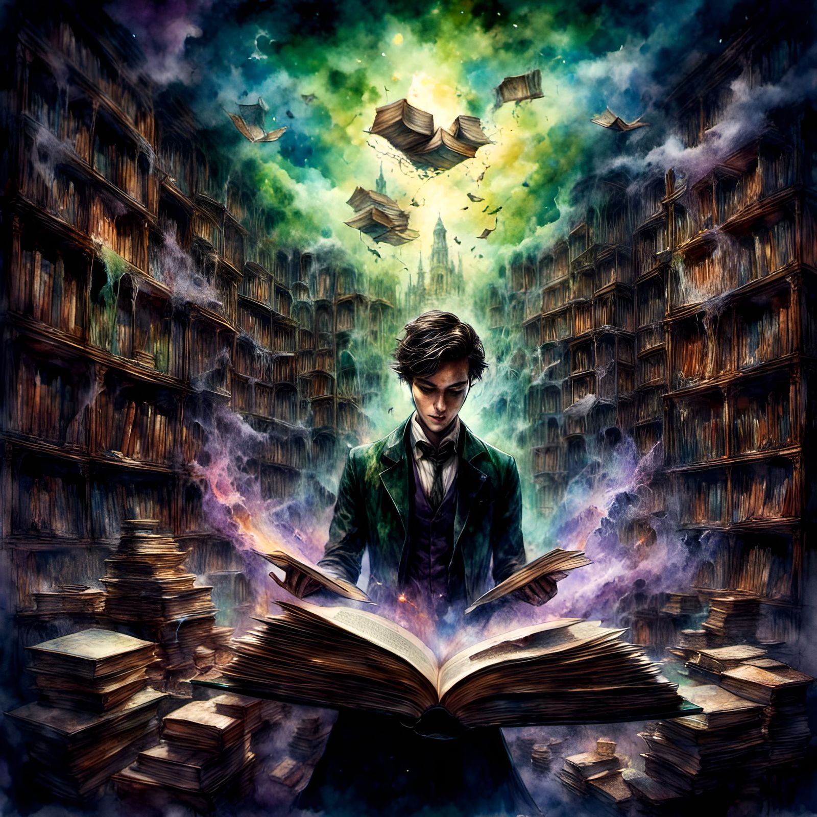 Flying Books in a Magical Bookshop in Watercolor Style