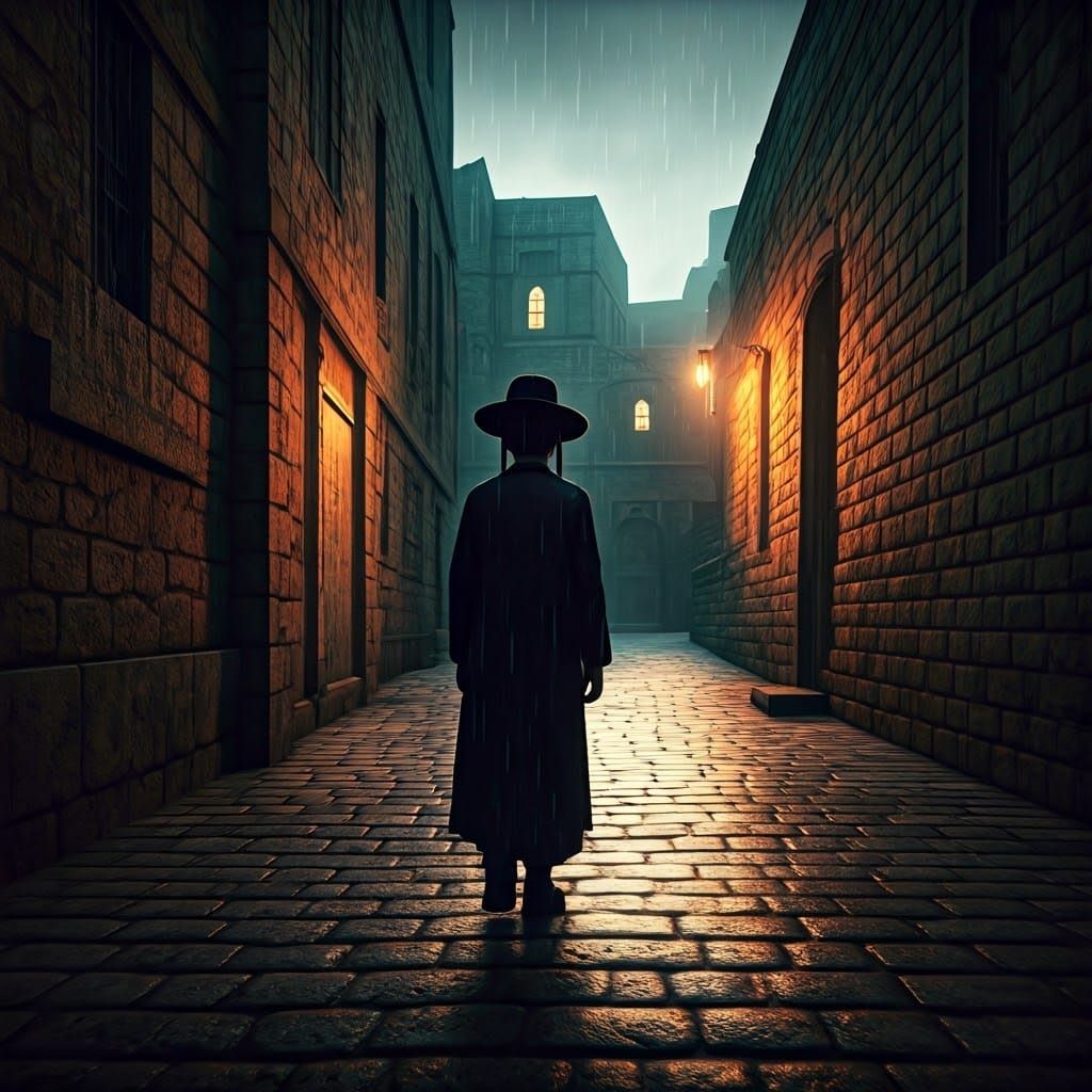 Ultra-Orthodox Boy Walks Alone in Rainy Alleyway