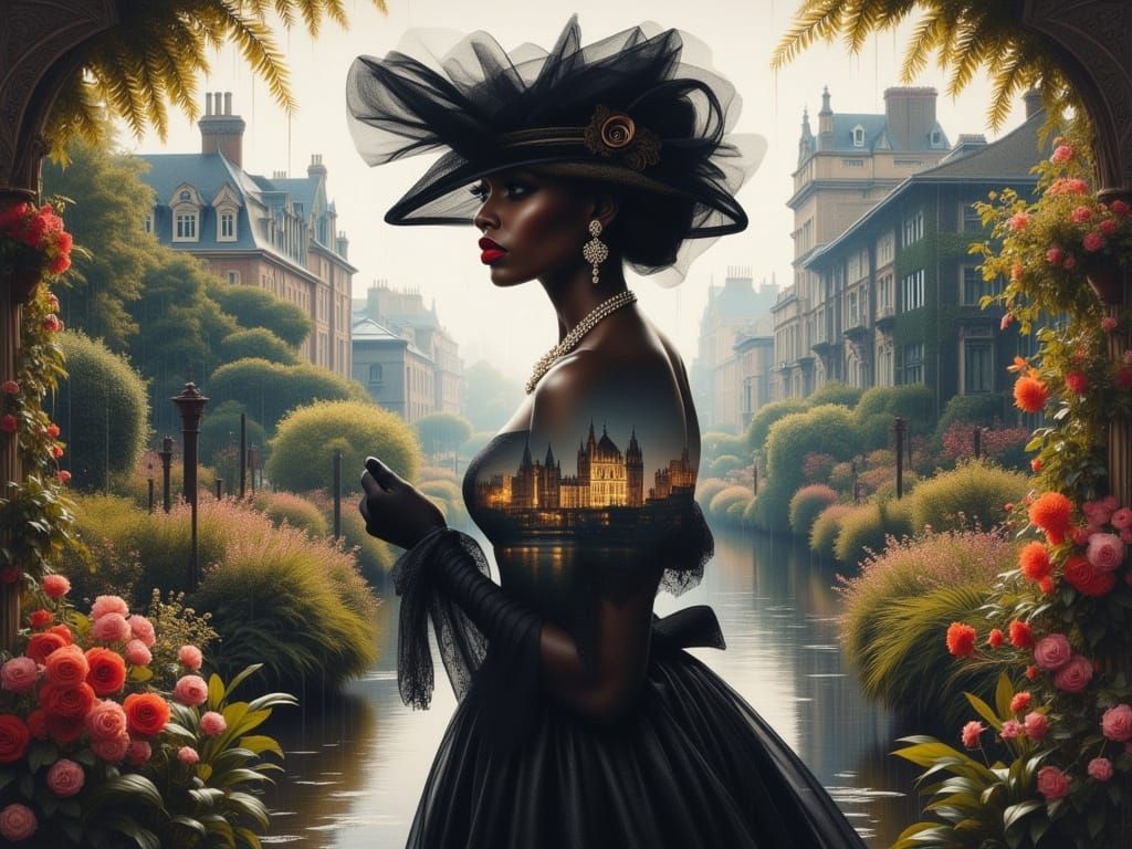 Victorian Black Woman in London Double Exposure Oil Painting