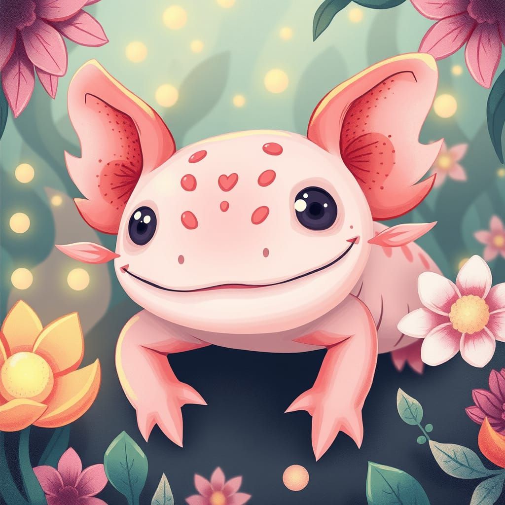 Pastel Whimsy: Axolotl in a Dreamlike Garden