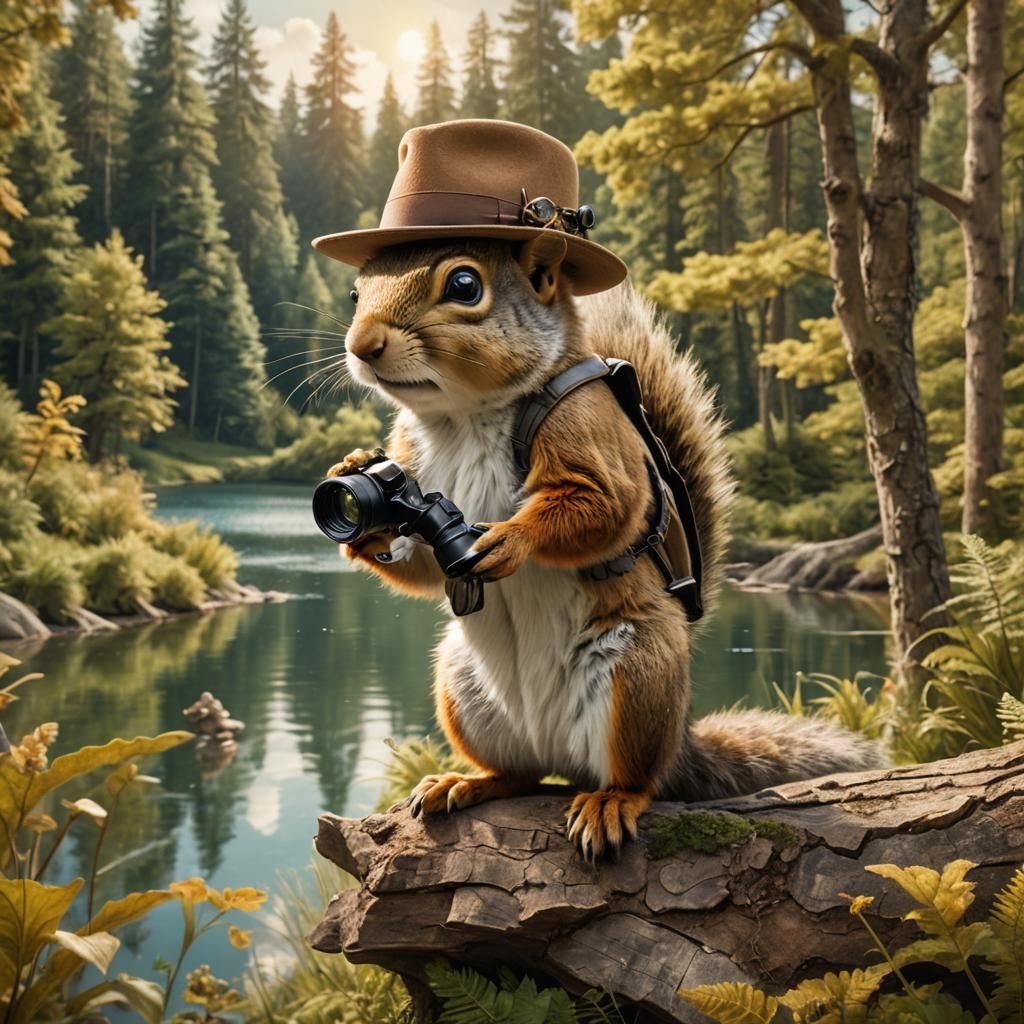 Squirrel in Fedora Observes Lake: Digital Art