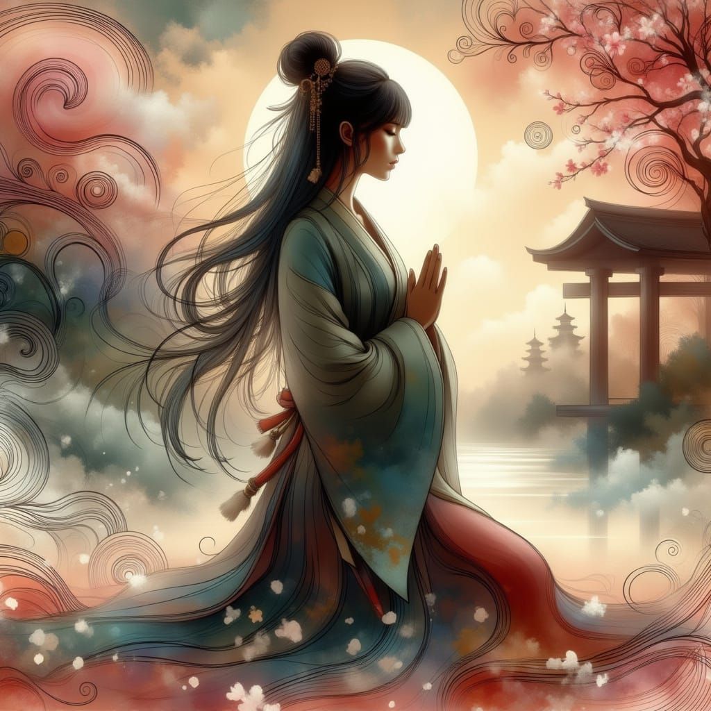 Japanese Samurai Woman Meditating in Zen Garden