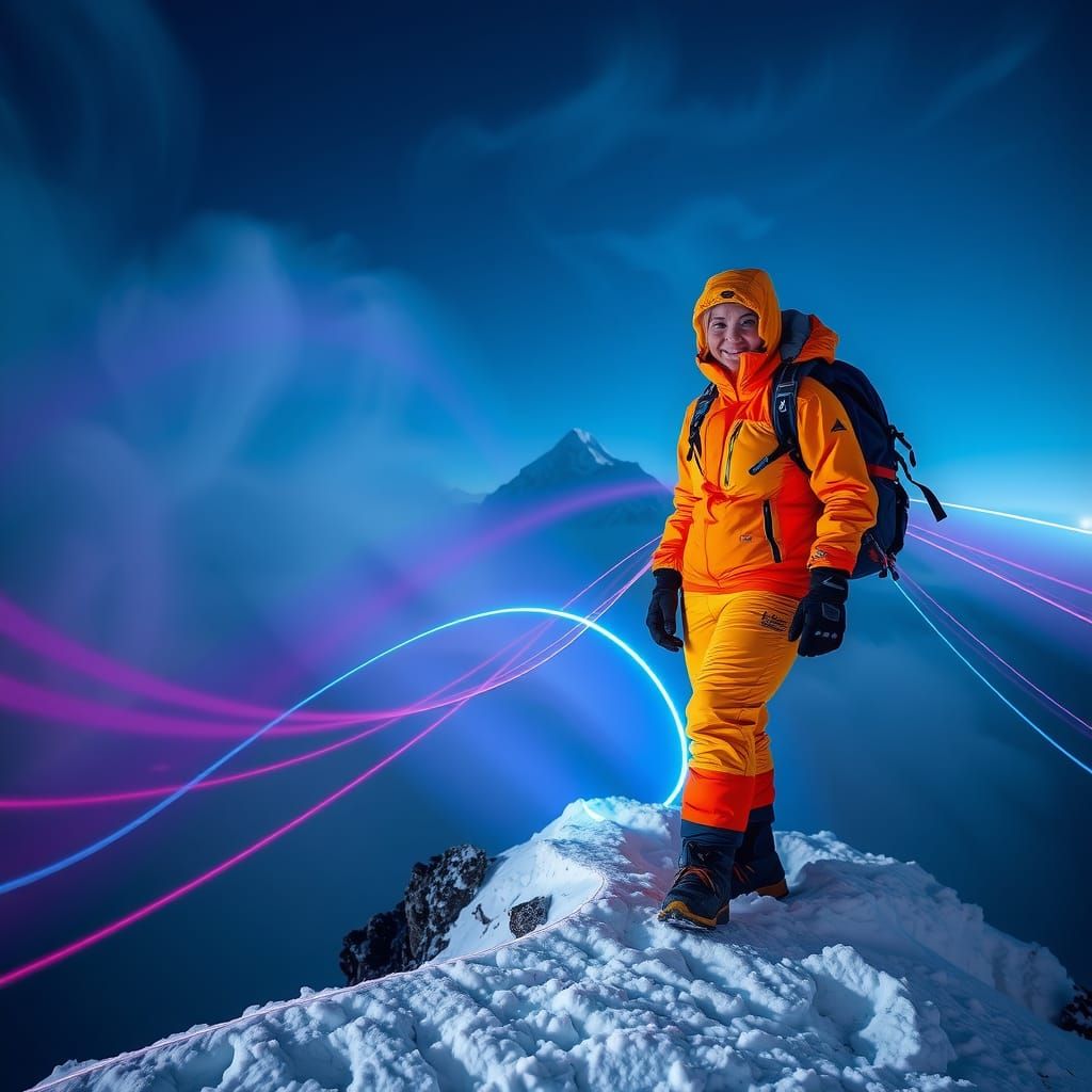 Woman on Everest in Light Painting Style