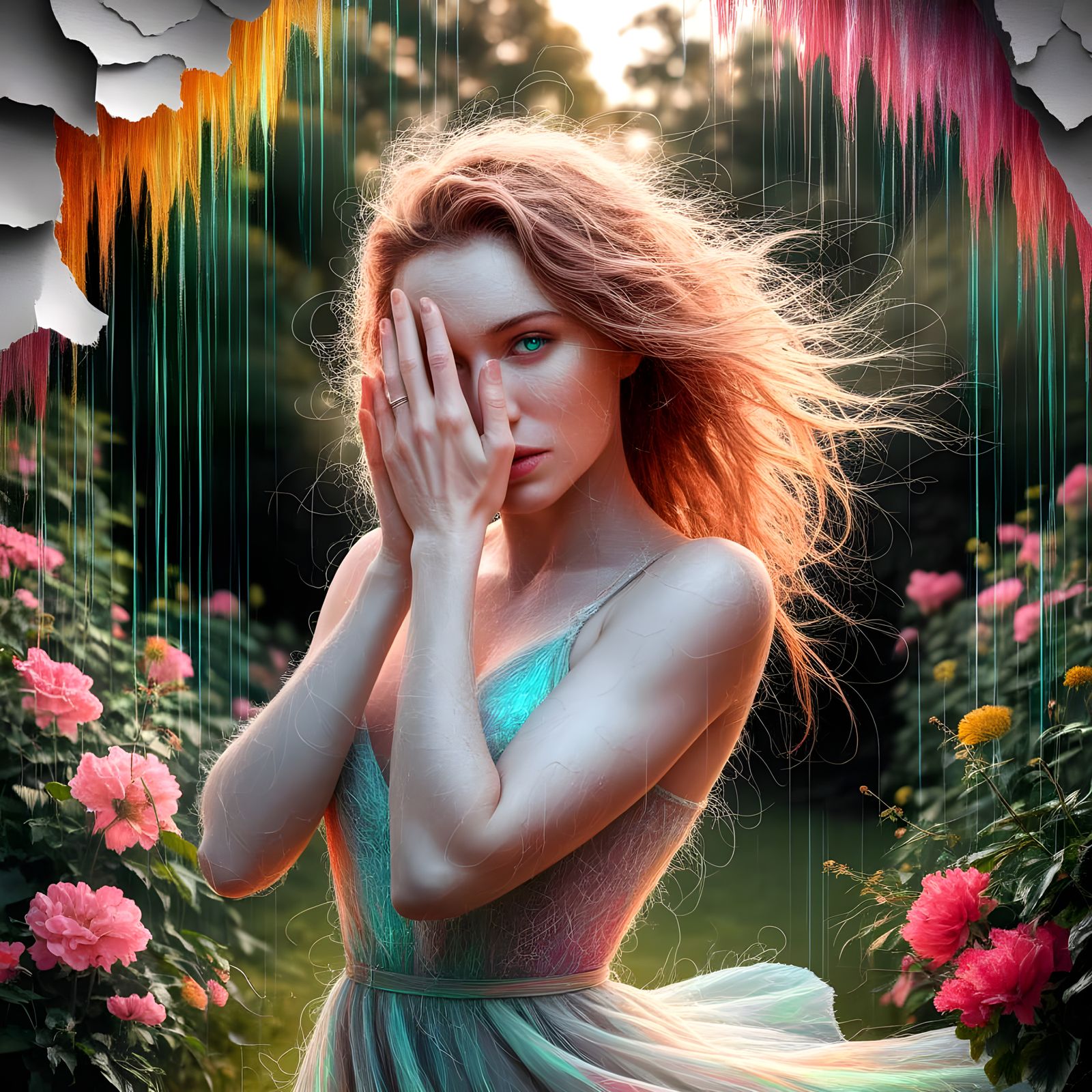 Emotional Veiled Woman in Garden, Scribble Art