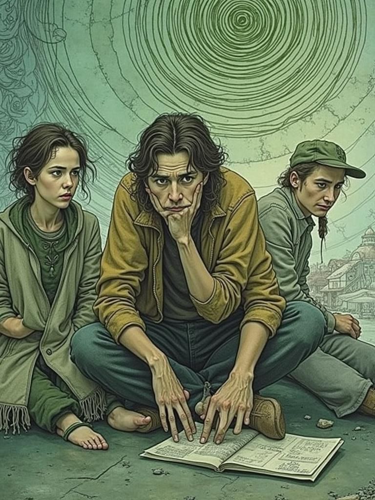 Confused People in Surreal Miyazaki-Beksiński Landscape