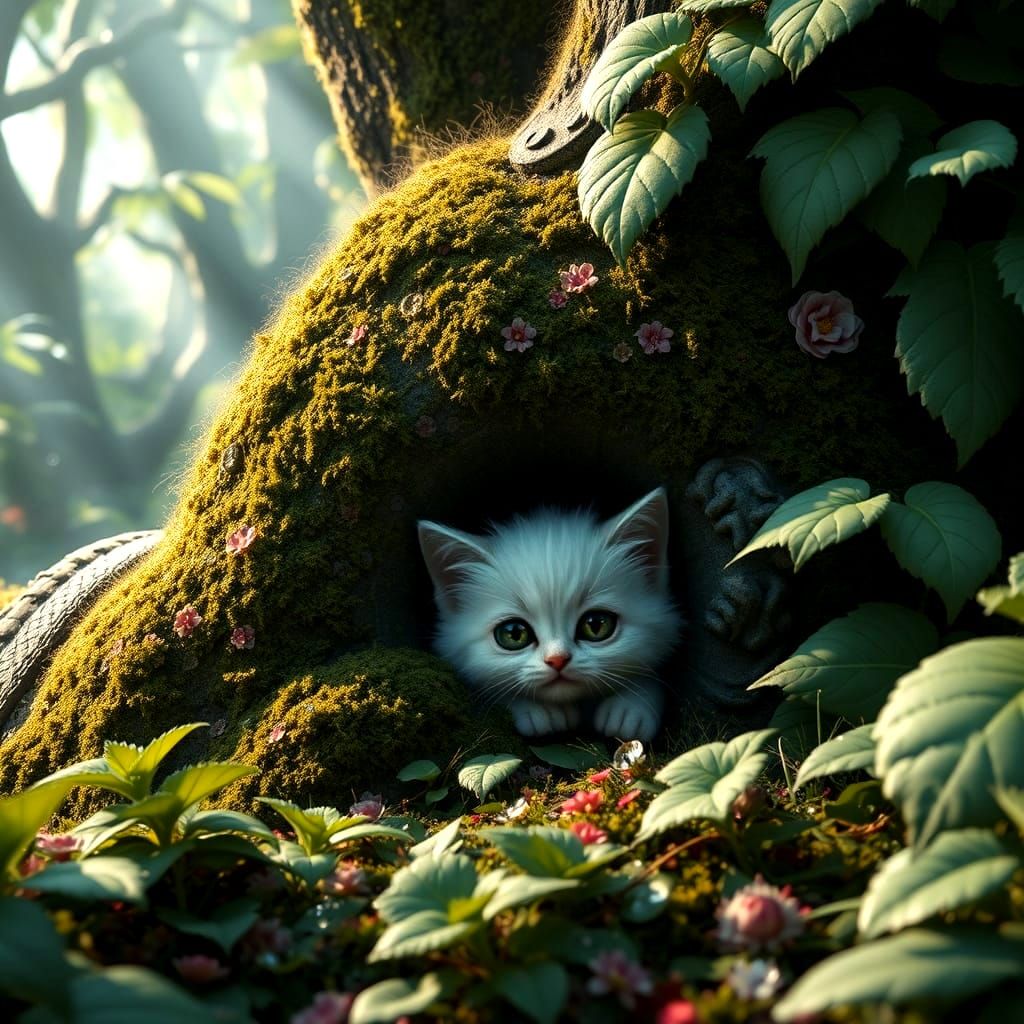 Fluffy Kitten Peeks From Behind Forest Troll's Boot