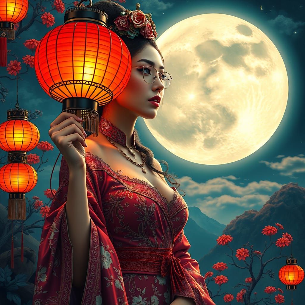Woman with Japanese Lantern Silhouetted by Moon