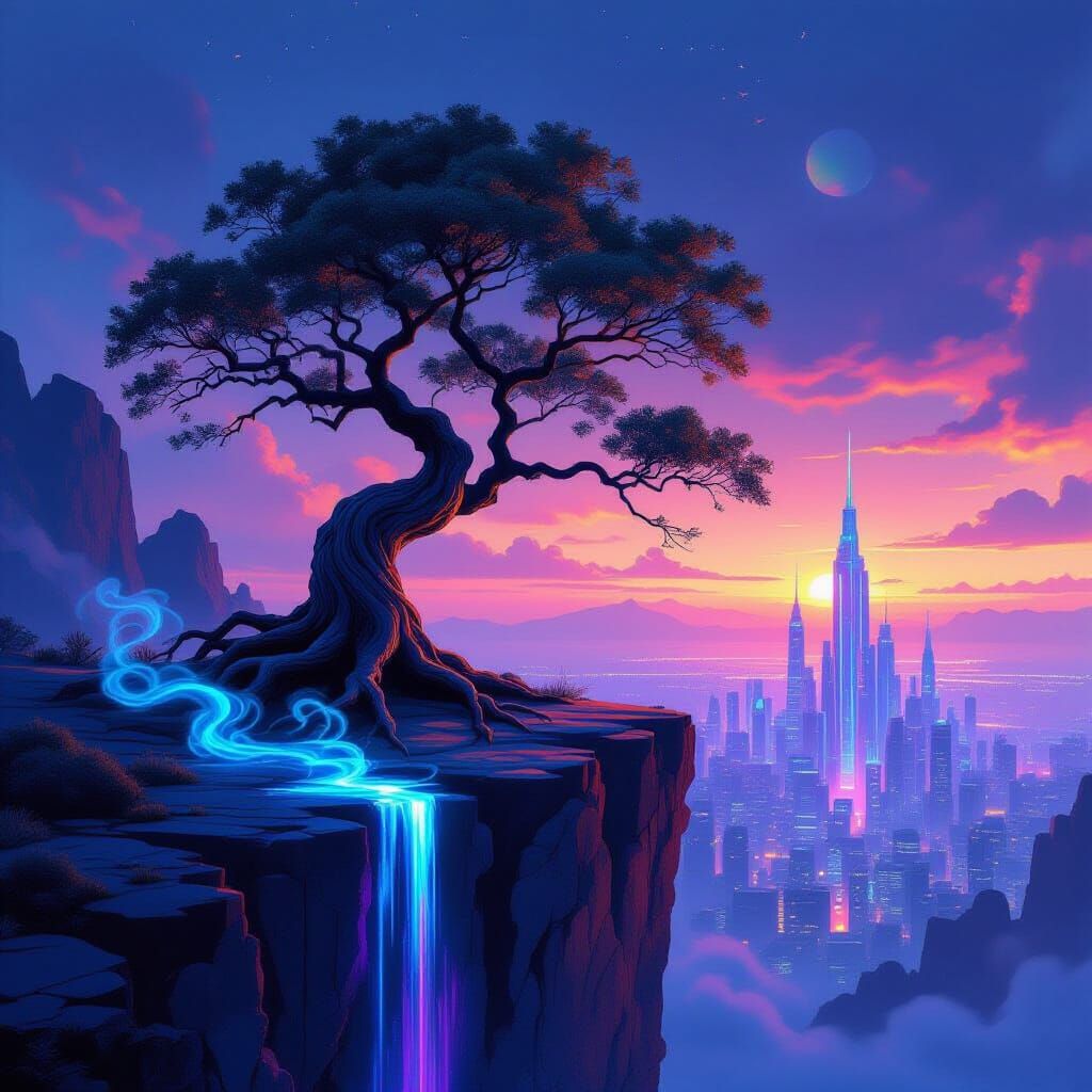 Ancient Tree Overlooks Futuristic City at Twilight