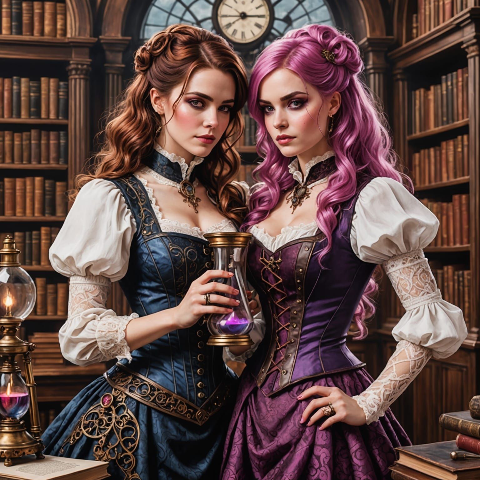 Women Embrace in Library, Alcohol Ink Style