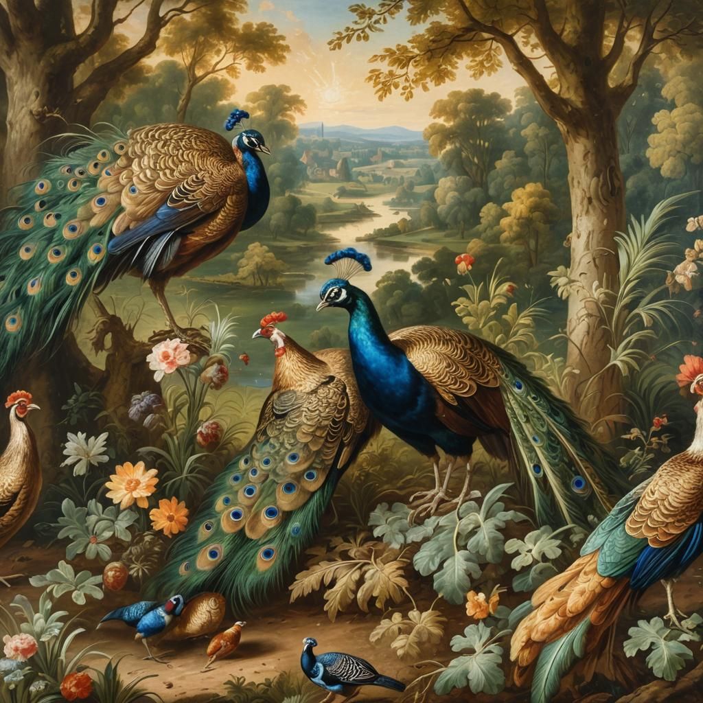 Baroque Landscape with Peacock, Hen, and Pheasant