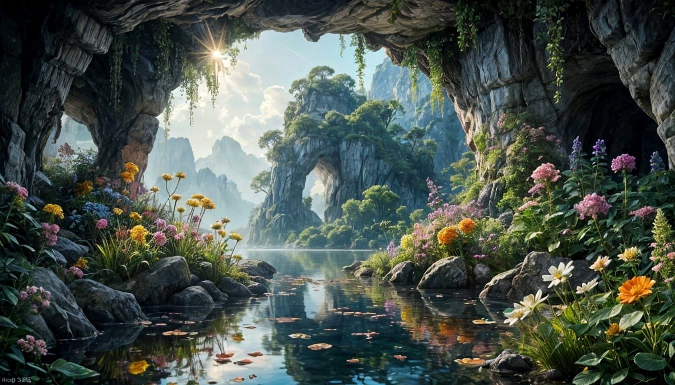 Enchanting Summer Cave Lake with Island Oasis