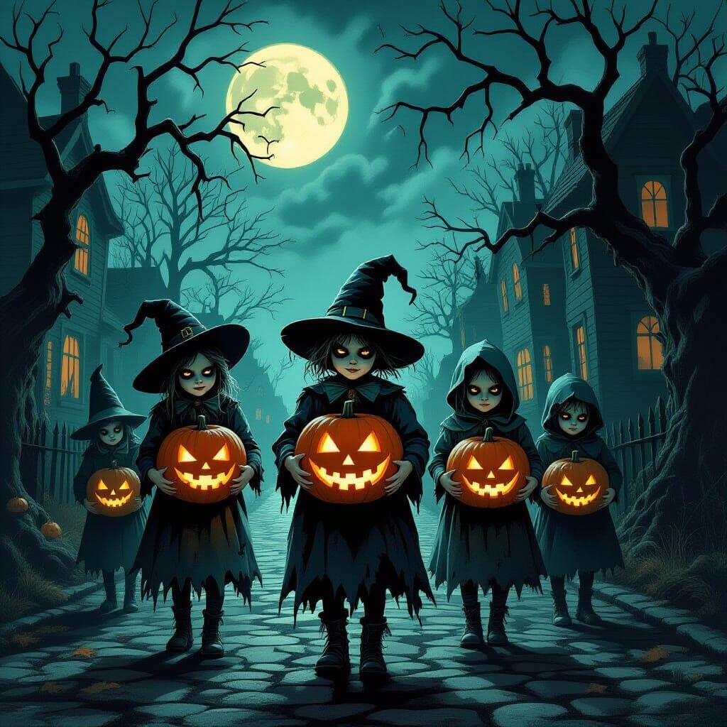 Unsettling Children in Grim Costumes on a Dark Street