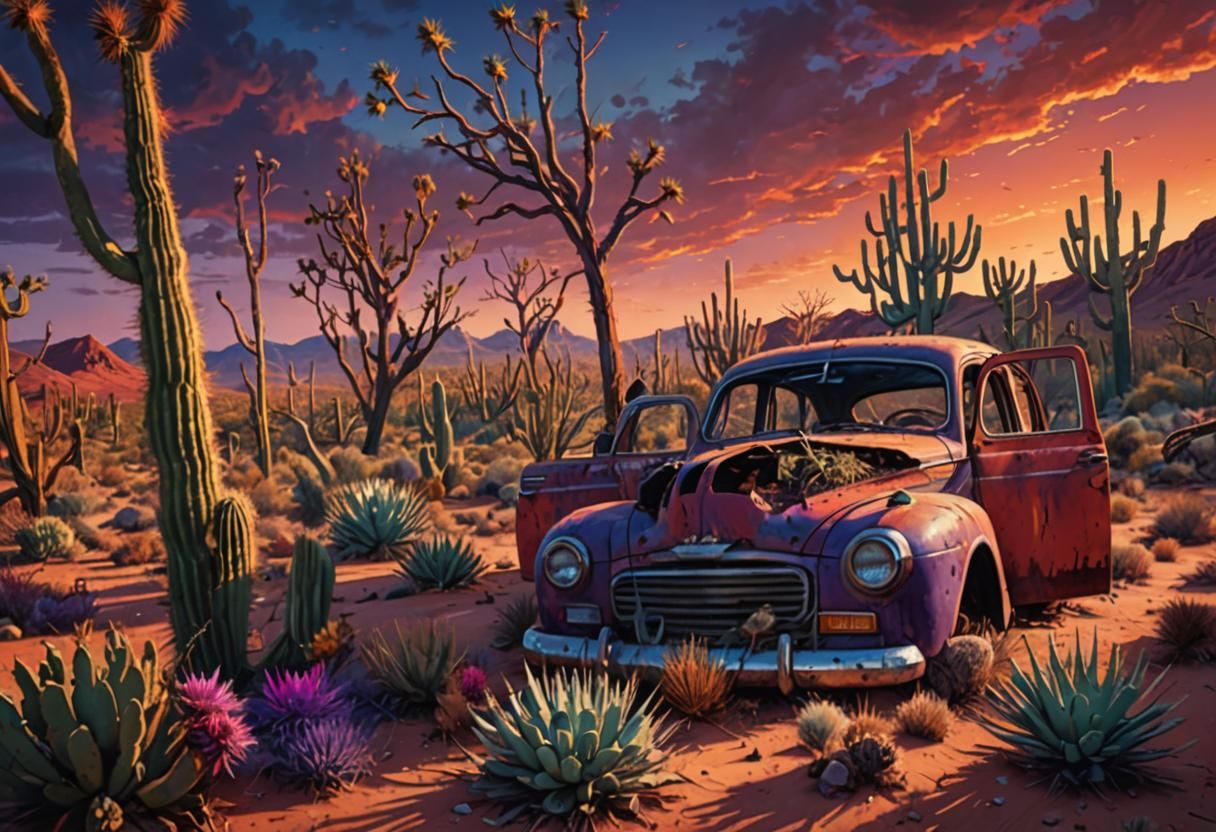 Abandoned Car in Red Desert: Oil Painting