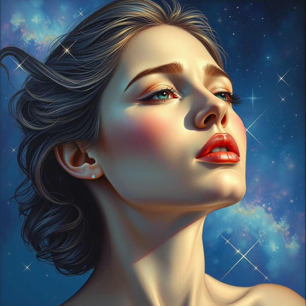 Celestial Woman Weeps in Vibrant Oil Painting