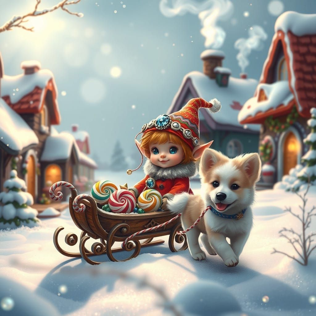 Whimsical Winter Wonderland Scene with Tiny Elf and Playful...
