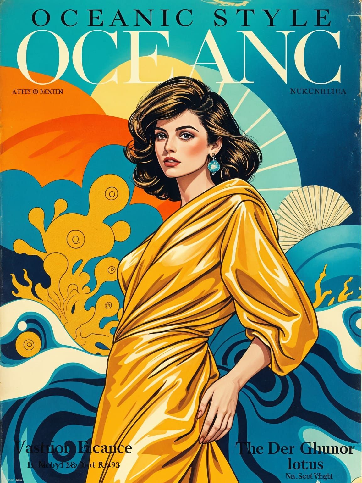1970s Oceanic Couture Fashion Magazine Cover Illustration