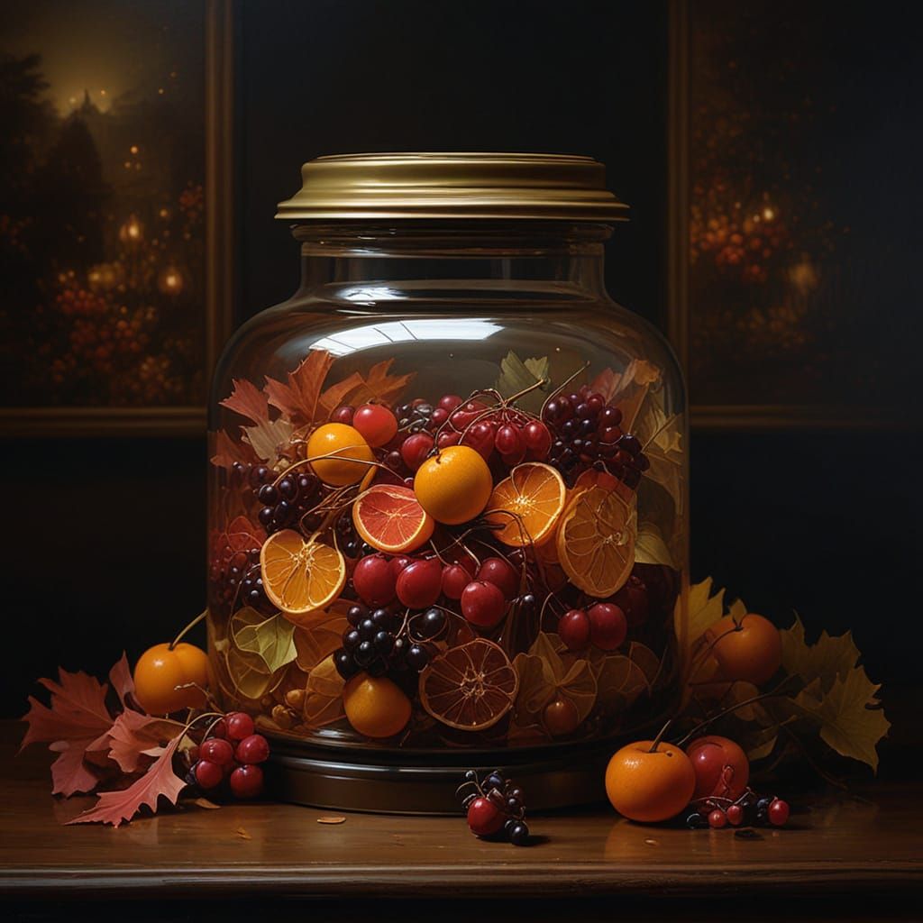 Vibrant Autumn Fruits in Hyperrealistic Mixed Media