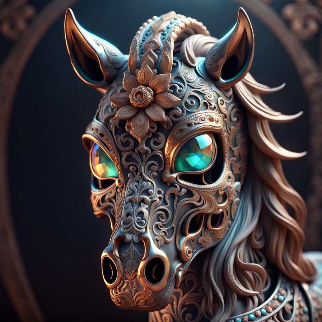Iridescent Sugar Skull Horse Sculpture in Ornate Metalwork