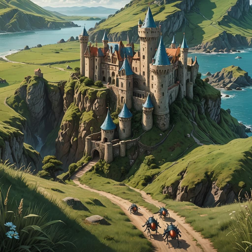 Medieval Castle with Metal Creatures, Fantasy Concept Art