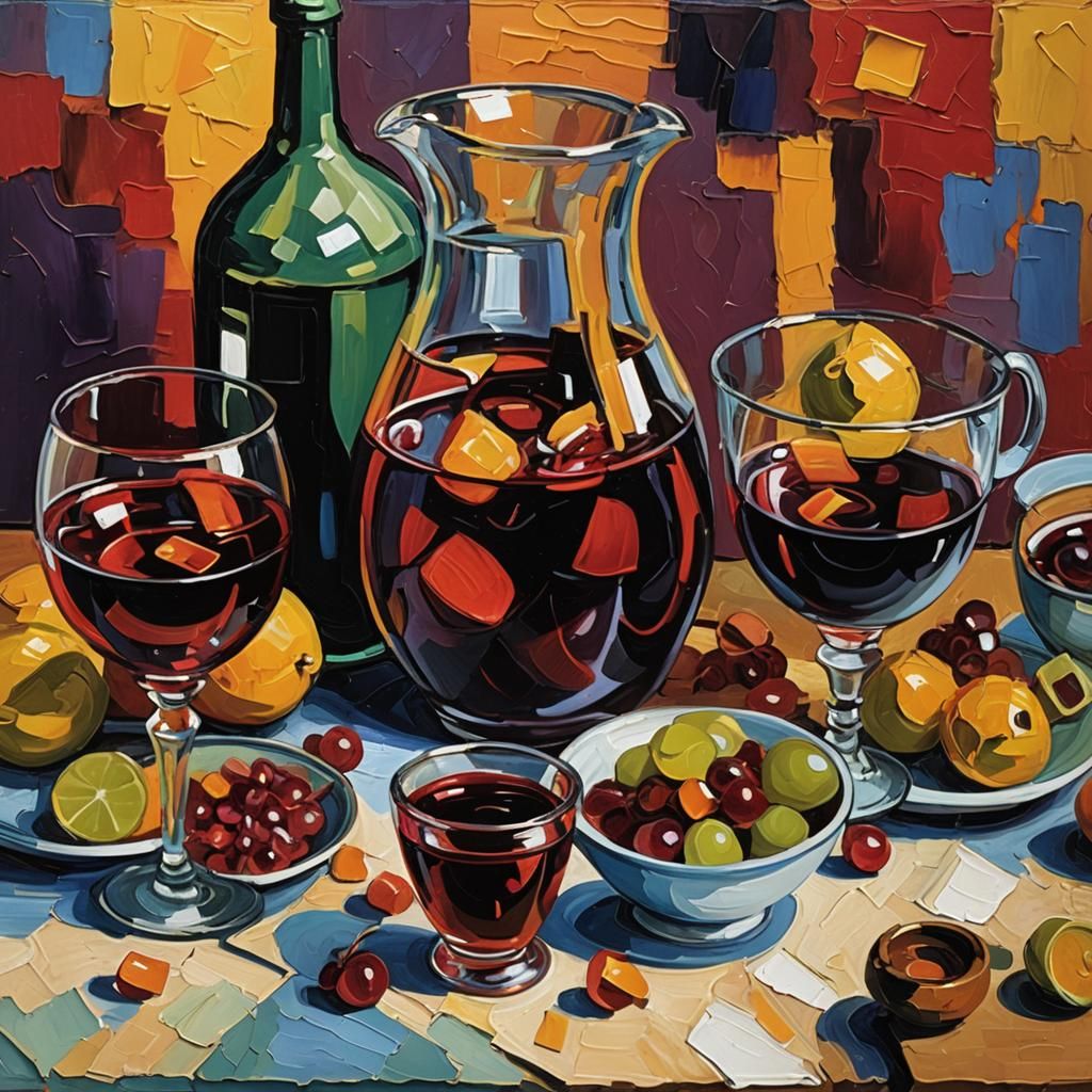Expressionist Sangria Still Life in Impasto Oil