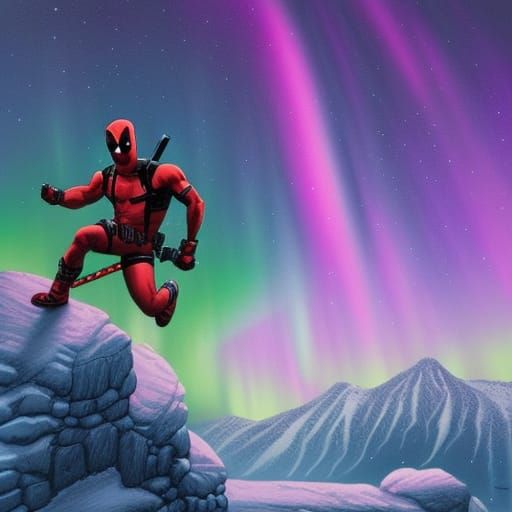 Deadpool Gazes at Aurora Borealis in Comic Art Style