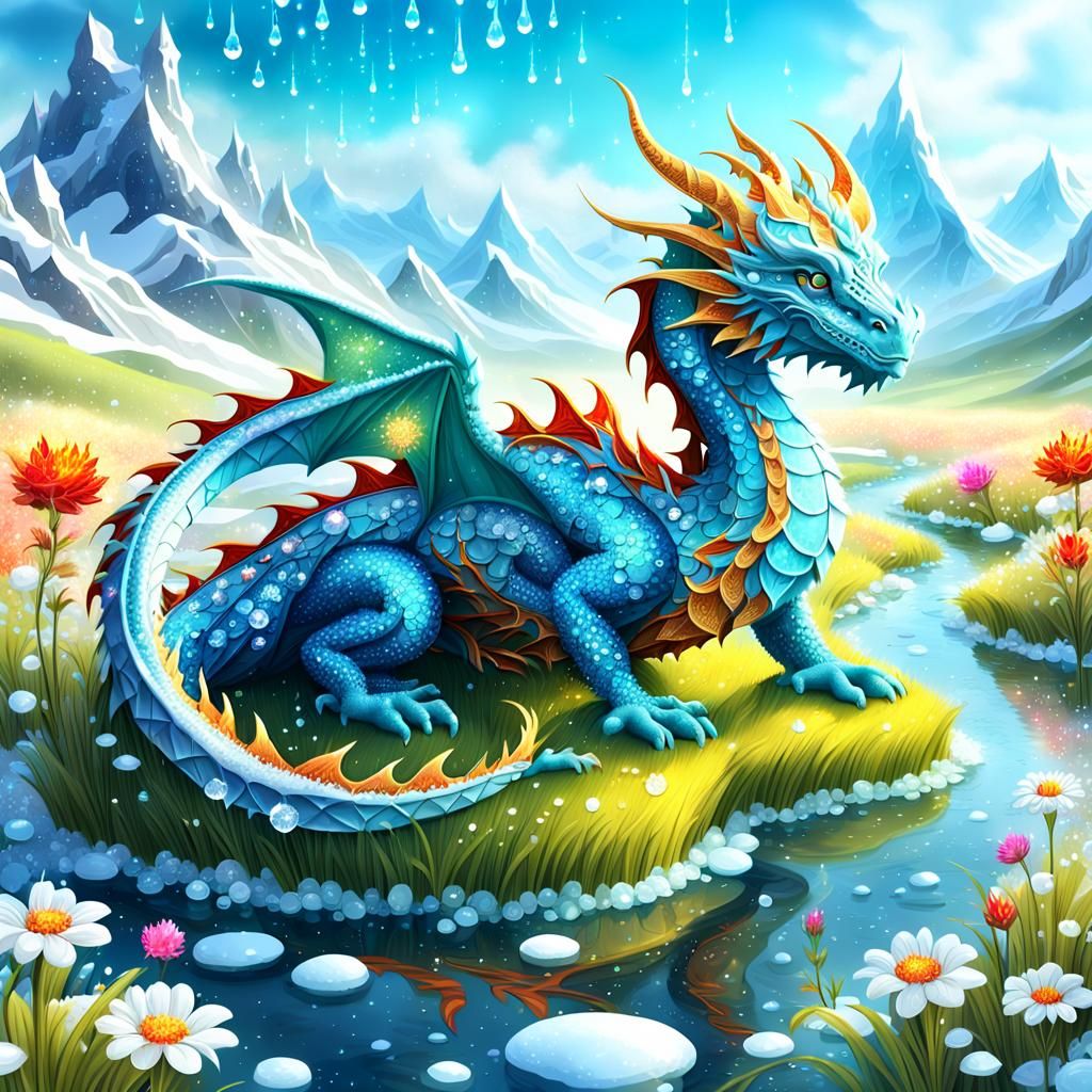 Crystalline Dragon on Meadow Stream in Digital Art
