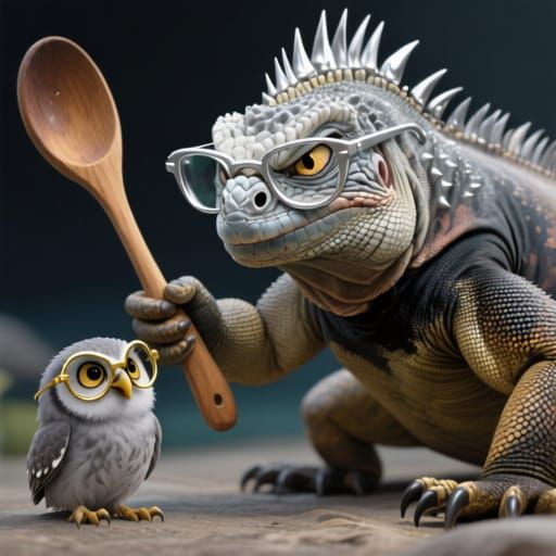 Marine Iguana Matron Shakes Spoon at Owlet