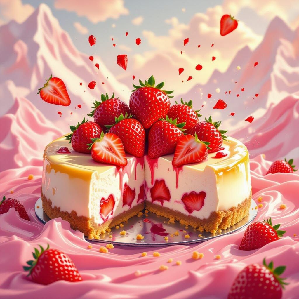 Exploding Strawberry Cheesecake in Vibrant Digital Painting ...